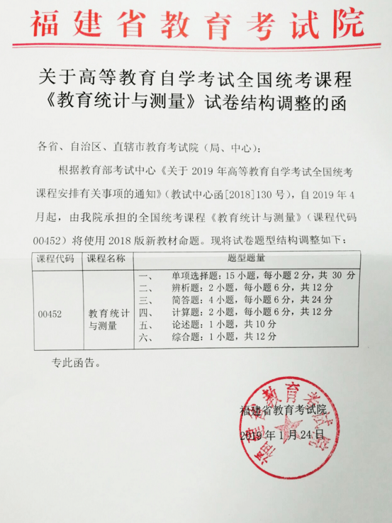 2019年自考全国统考课程《教育统计与测量》试卷题型结构调整