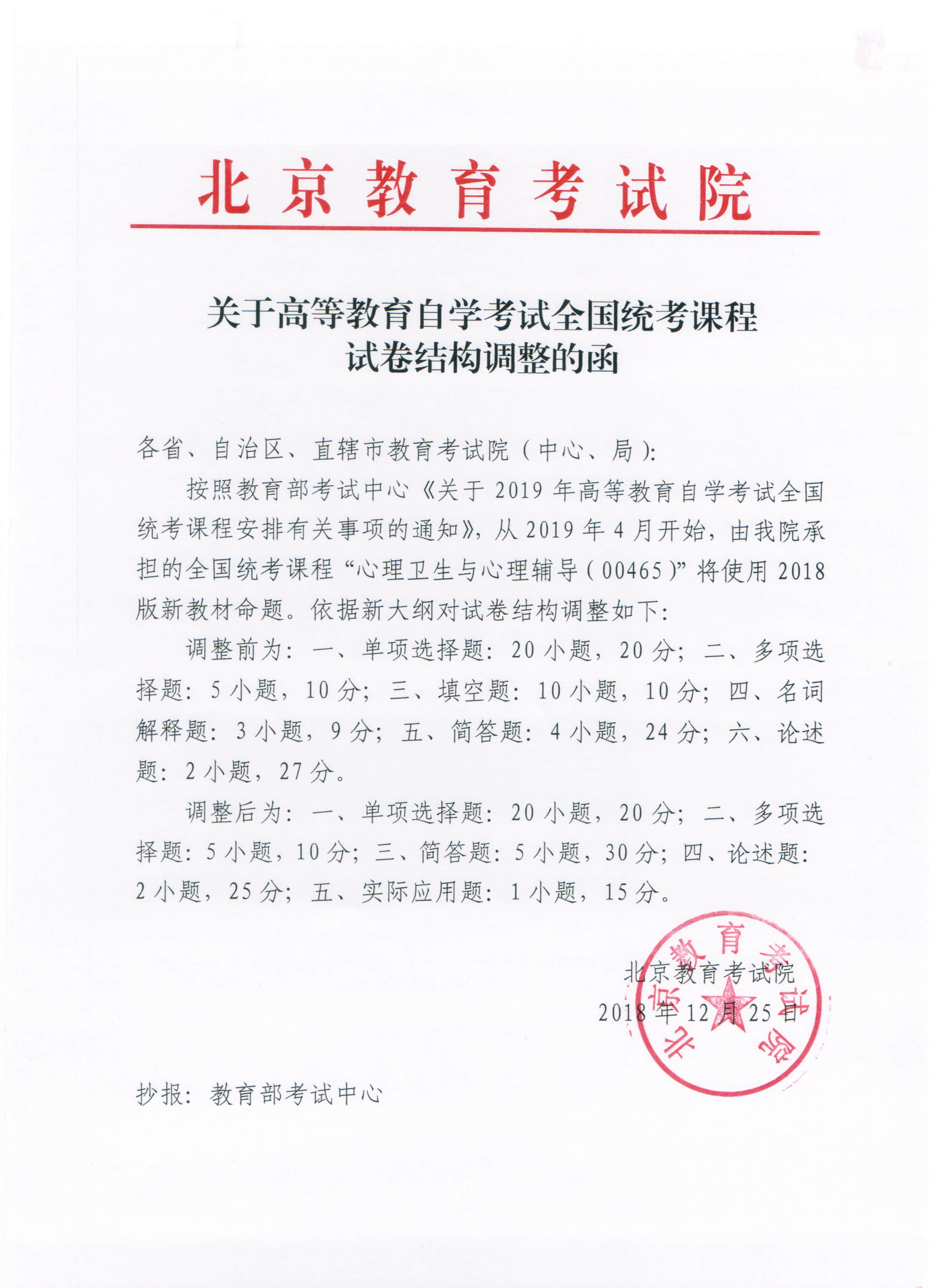 2019年自考全国统考课程心理卫生与心理辅导试卷结构调整