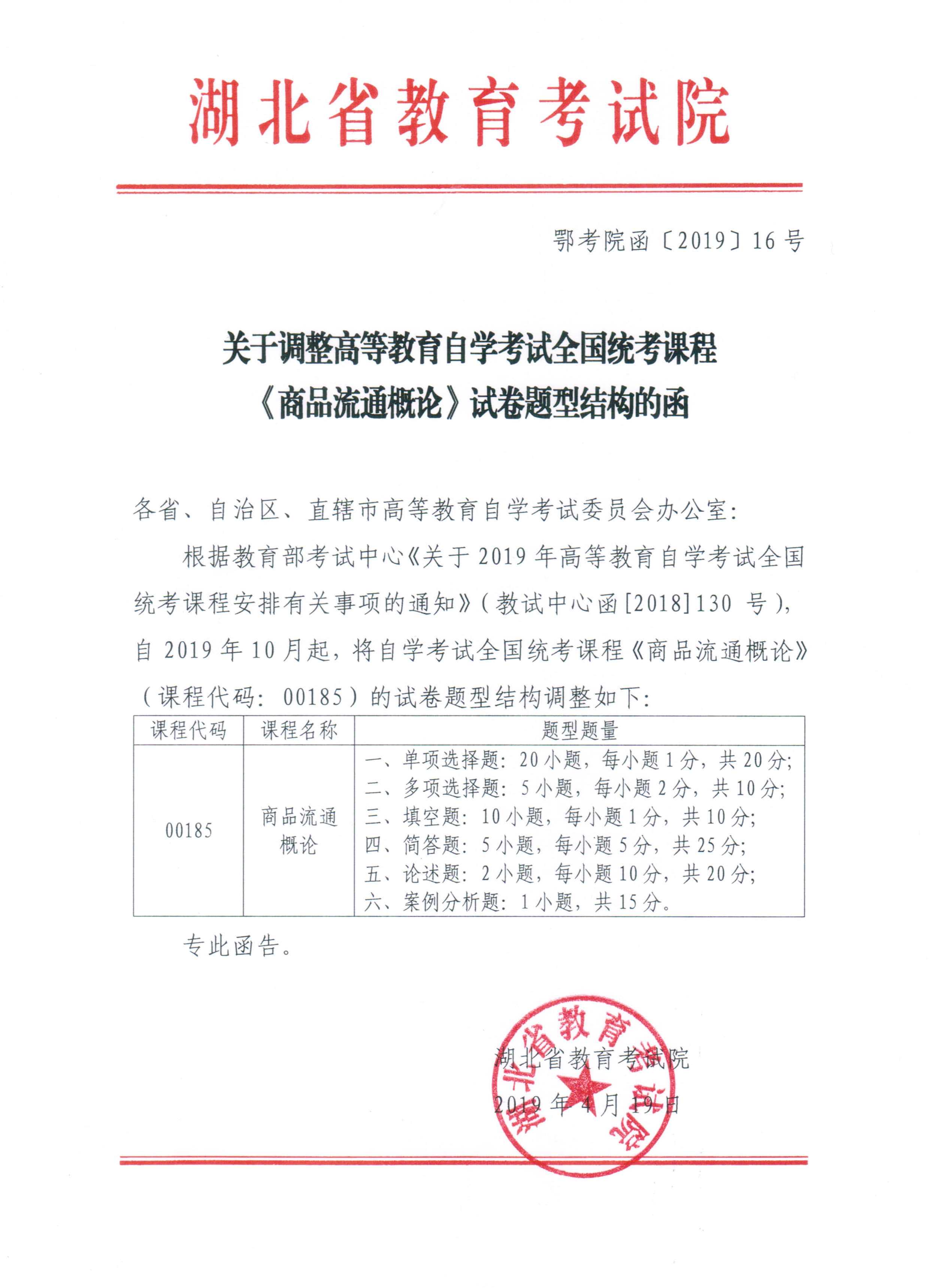 关于调整高等教育自学考试全国统考课程《商品流通概论》试卷题型结构通知