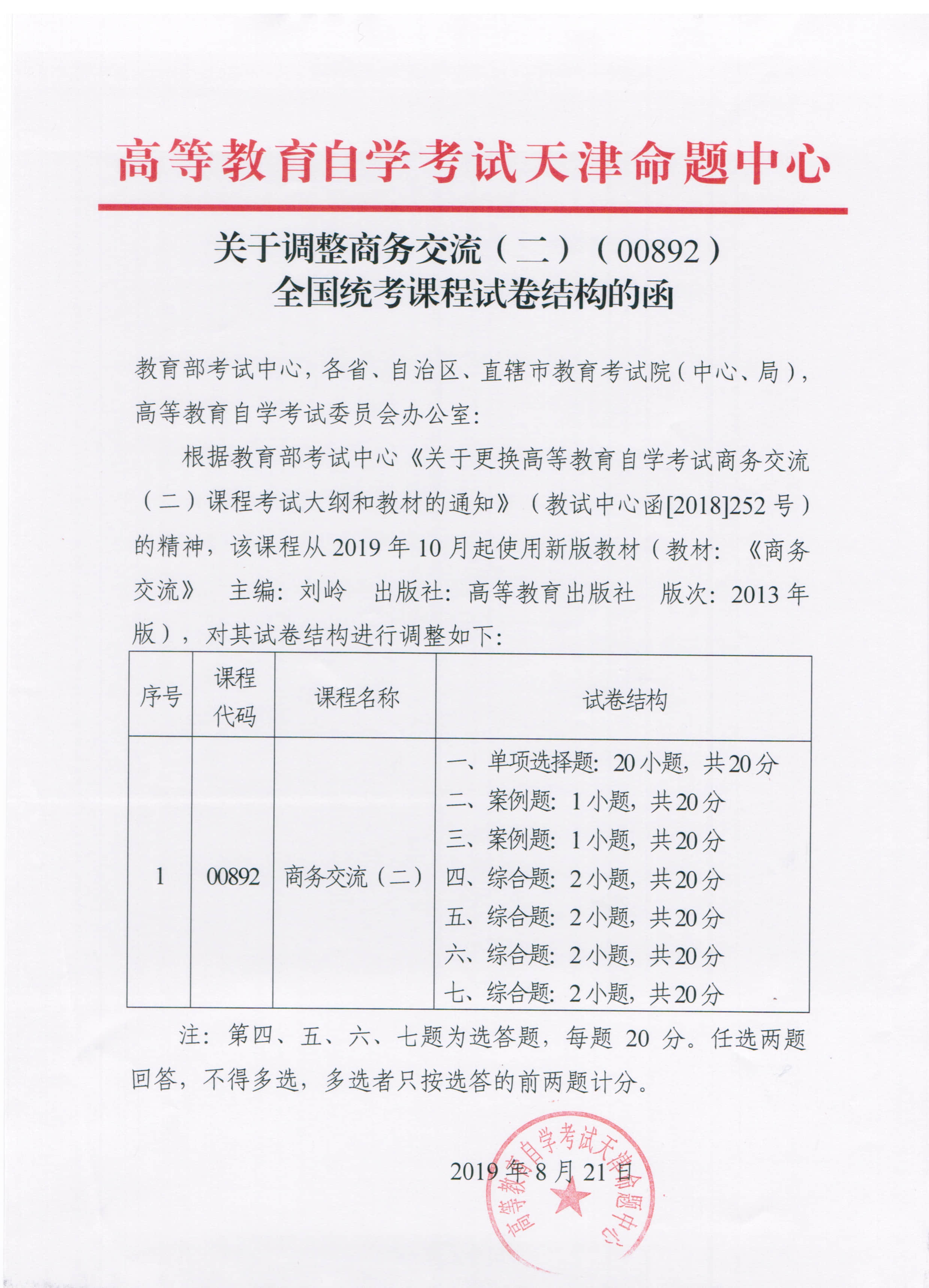 关于调整商务交流（二）（00892）全国统考课程试卷结构的函